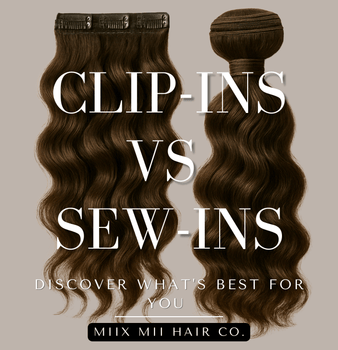 A SEFT OF CLIP-IN EXTENSIONS NEXT TO A BUNDLE OF WEFTED EXTENSTION. USED IN A COMPARISON TO DETERMINE WHAT IS BEST 