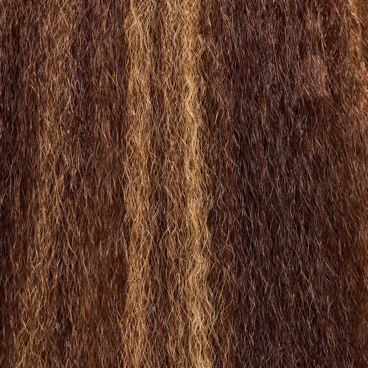 A close-up of kinky straight hair extensions in a rich dark brown shade, showcasing the soft yet voluminous texture. These luxury textured hair extensions mimic the natural look of blow-dried coarse hair, offering a full-bodied feel with a smooth yet slightly crimped pattern. The high-quality strands provide versatility for styling while maintaining a natural, seamless blend with textured hair.