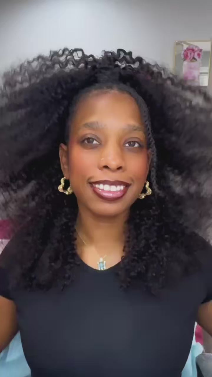 Woman with 3c natural hair showing Miix Mii's CoverMii Wig in Lush Kinky Curl